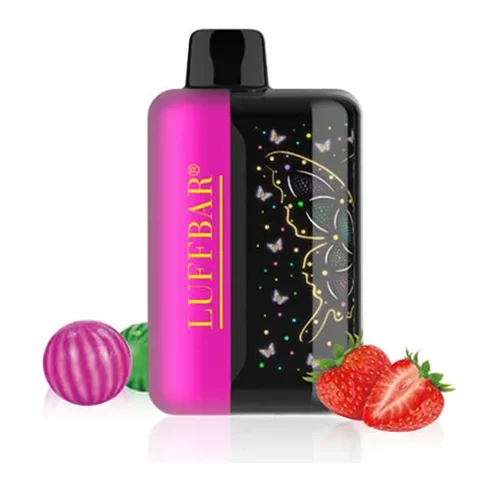 Vaper descartable LUFFBAR Flare Straw BPOP rosa y negro con frutilla y caramelos.