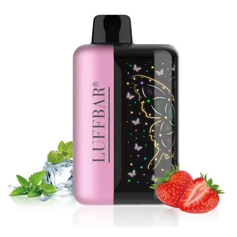 Vaper descartable LUFFBAR Fruity Cool Strawberry rosa y negro con fresas, menta y hielo.